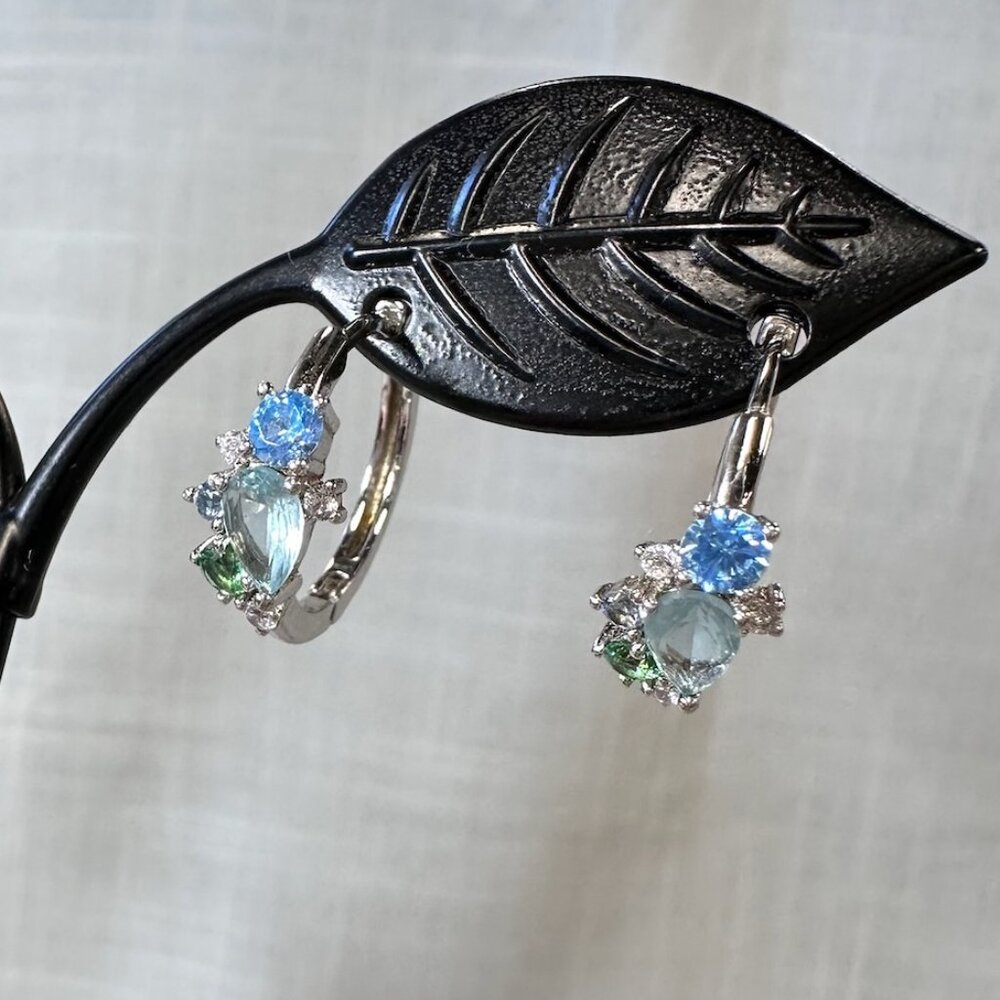 Sterling Silver Hoop Earrings with Green, Blue and Clear Gemstones